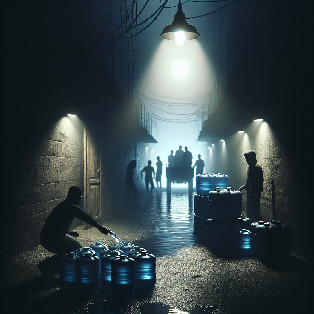 A dramatic illustrative image that portrays the concept of a real, underground water black market. The scene should display a dimly lit alleyway at night, casting ominous soft shadows courtesy of a single flickering street lamp. In the foreground, focus on illustrating clandestine transactions involving containers of water. Float subtly in the background, lurk silhouettes of people participating in this illegal trade to underline its secrecy. Add hints of fear and urgency to signify the shocking truth of this topic. Above all, make sure the whole image maintains a photorealistic look, using natural light casting to make it more immersive.