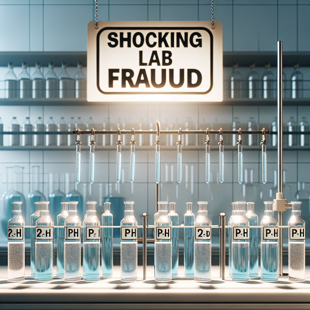 An image of a deceptive lab experiment. It exhibits real water samples placed meticulously side by side on a clean, white laboratory counter. Each sample is clearly labeled with different pH values. The lighting is natural, enhancing the details and creating soft shadows around. Hanging above the counter is a sign signaling 'Shocking Lab Fraud'. The image communicates the unexpected revelation about the alleged fraud in pH measurement.