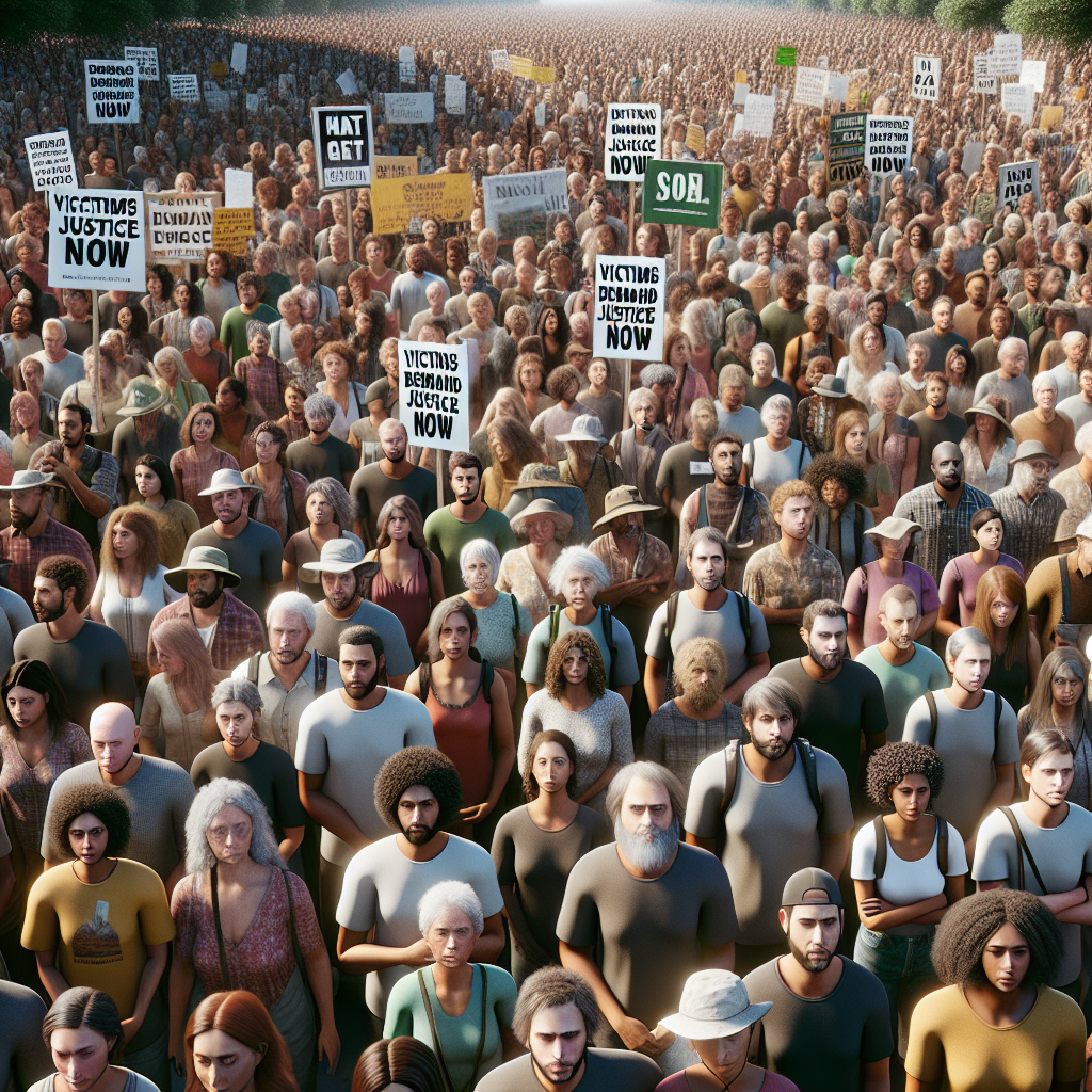 Generate a high-quality, photorealistic image showcasing a large crowd of diverse individuals. The crowd includes both men and women of various descents such as Caucasian, Hispanic, Black, Middle-Eastern, and South Asian. The crowd is gathered outdoors during the day, under natural lighting and soft shadows. They have placards, banners, and signs that read 'Real Water Prosecution', 'Victims Demand Justice Now' and other such phrases indicative of a peaceful demonstration for environmental justice. The focus of the image is on the victims demanding justice, standing together in solidarity against water pollution.
