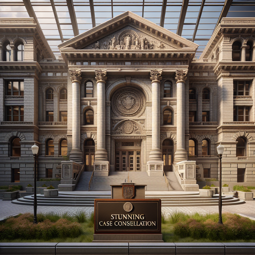 A grand federal court displayed in high-quality, photorealistic detail under natural lighting, casting soft shadows. The architectural splendor of the building captures the eye, with its imposing entrance, intricate stonework, tall windows, and soaring columns. In the foreground, a signboard reads 'Stunning Case Consolidation', indicating the gravity and significance of the court cases being amalgamated here. Please ensure an atmosphere of solemnity and respect, consistent with the spirit of justice and the rule of law.