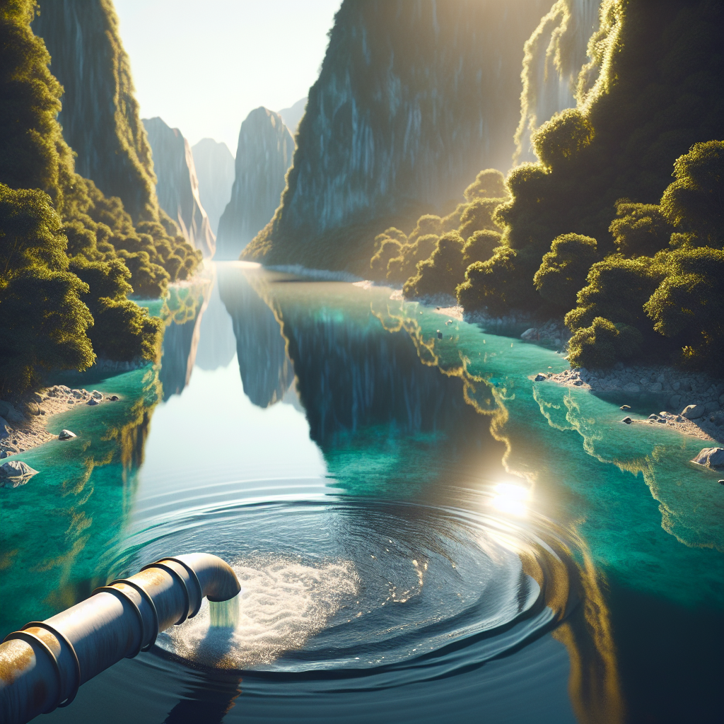 Create a photorealistic image featuring a real water source, perhaps a river or lake, expressing stunning beauty yet tainted by contamination. The origin of the pollution is shown in a subtle but clear way, maybe through a pipe visibly dumping waste into the pristine waters. Concepts to focus on include natural lighting, soft shadows, and the harsh contrast between natural beauty and human-induced pollution. Also, depict the mood of the image to be sombre and introspective, provoking thoughts about environmental conservation.
