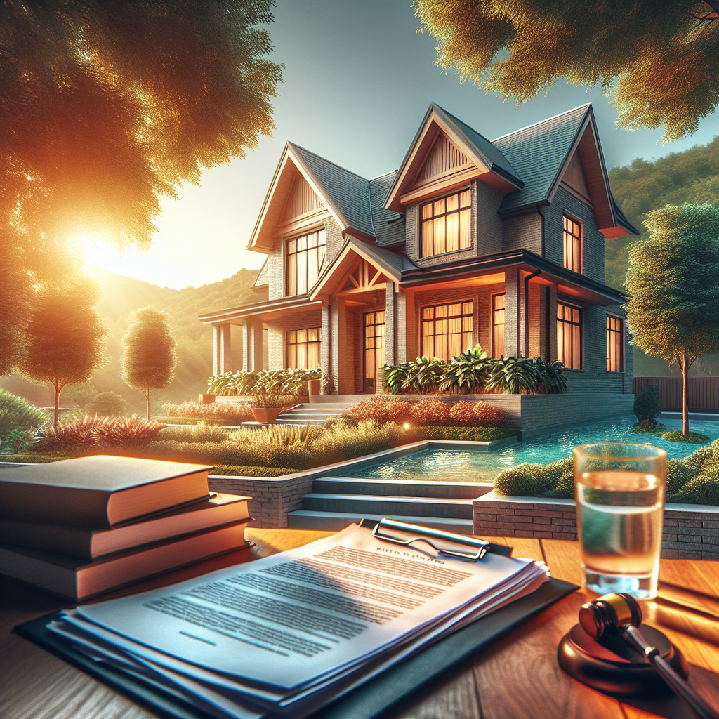Capture a luxurious house representative of the affluent lifestyle of water company executives, framed amidst picturesque landscapes. The house is bathed in the warm glow of natural sunlight, casting soft shadows that add depth and dynamicity to the scene. An important element is the presence of legal documents scattered on the front porch, hinting at ongoing litigation matters. These elements of high-end living and intense legal proceedings should subtly capture the dichotomy present in the executives' lives.