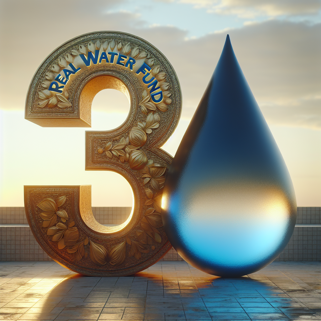 A symbolic representation of the Real Water Fund achieving a stunning $3 million milestone. Visualize a large decorated numeral '3', placed next to an enormous water droplet reflecting the sun's light. The objects are outdoor, under a sky turning from dusk to night, resulting in natural lighting and soft shadows. The image should embody a sense of achievement and triumph while promoting the significance of water conservation.