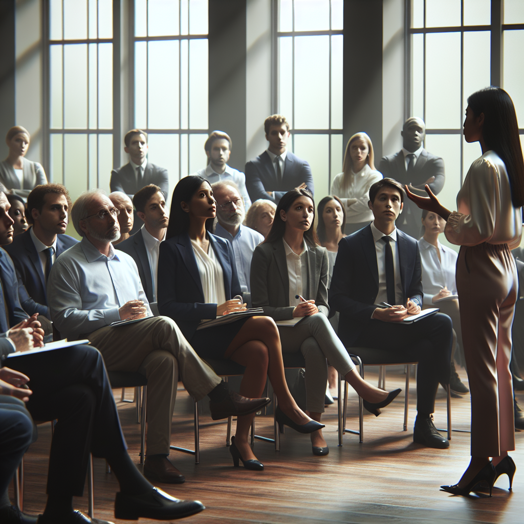 Create a photo-realistic indoor scene, portraying a formal gathering under soft natural lighting. Showcase a diverse group of individuals engaged in a serious discussion about water regulations, with one individual, a female of South Asian descent, standing up to recount her experiences. Show the attendees, a mix between Caucasian, Hispanic, and Black individuals, attentively listening, their faces showing empathy and concern. Please emphasize on portraying the sincerity of the conversation and the gravity of the testimonials shared.