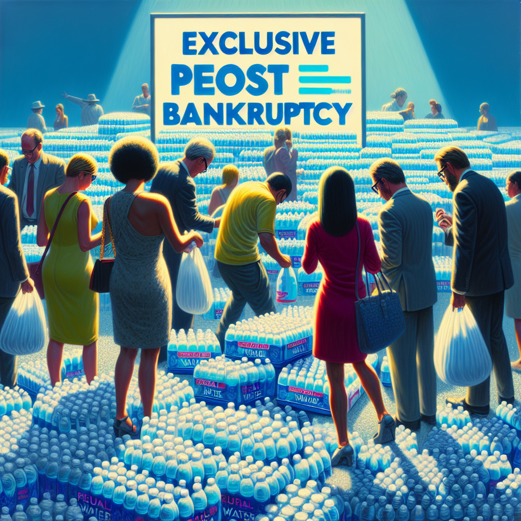 A vivid scene depicting an exclusive sale event for the 'Real Water' brand; the atmosphere being post-bankruptcy. The setting is done with natural light casting soft shadows across the event area, with a pile of water bottles carrying the 'Real Water' logo. Customers from diverse descents and genders are excitedly rummaging through the promotional deals. Behind them, there's a signboard displaying 'Exclusive Post-Bankruptcy Deal' in bold letters. The whole scene gives a feel of rush, excitement, and a retreat from financial adversities.