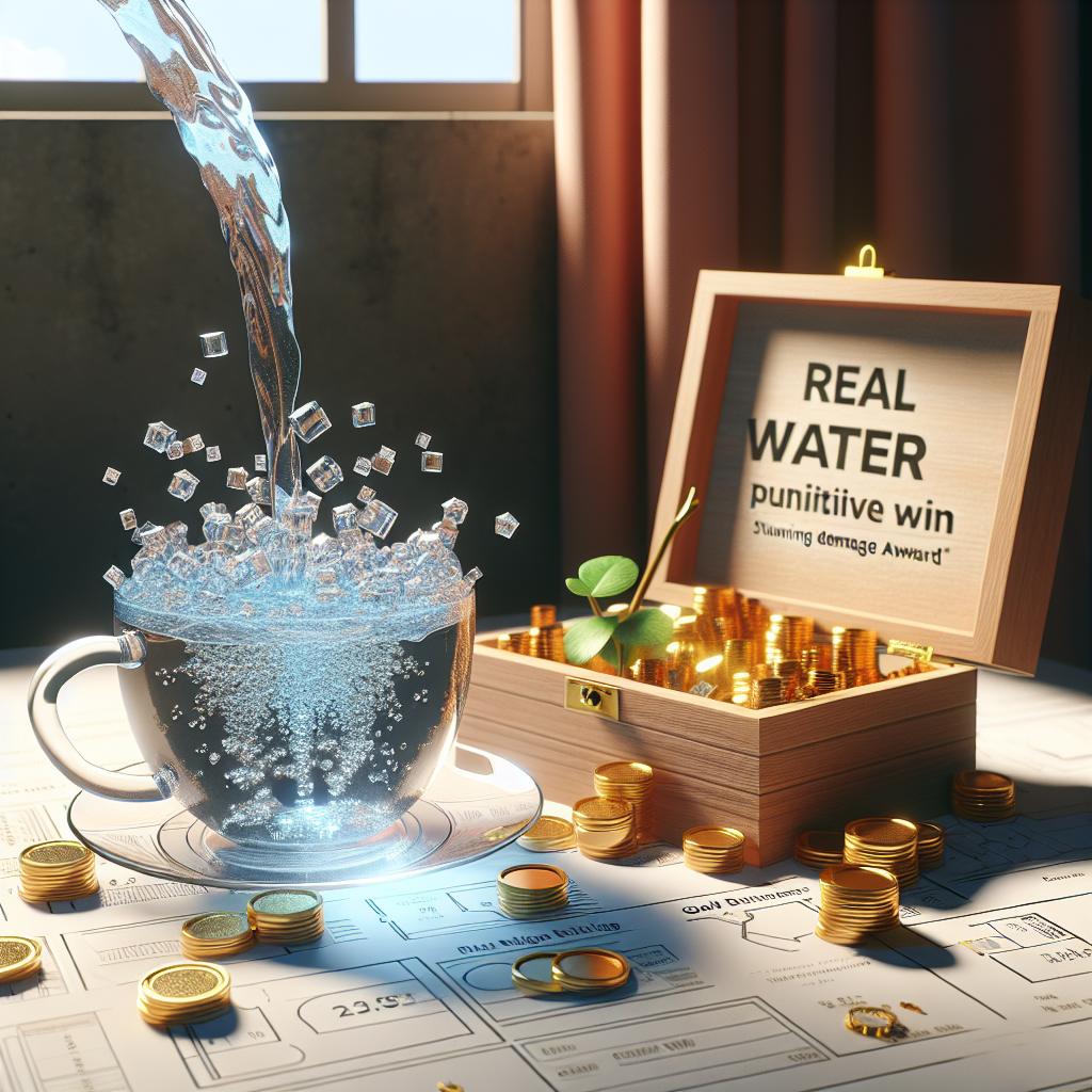 Visualize a conceptual scene symbolizing a 'Real Water Punitive Win'. In this scene, depict an overflowing cup of crystal clear water placed on a table under natural lighting with soft shadows. Beside the cup, place an open wooden box overflowing with gold coins and jewels, symbolizing the 'Stunning Damage Award'. The setting should communicate a victorious and triumphant aura.