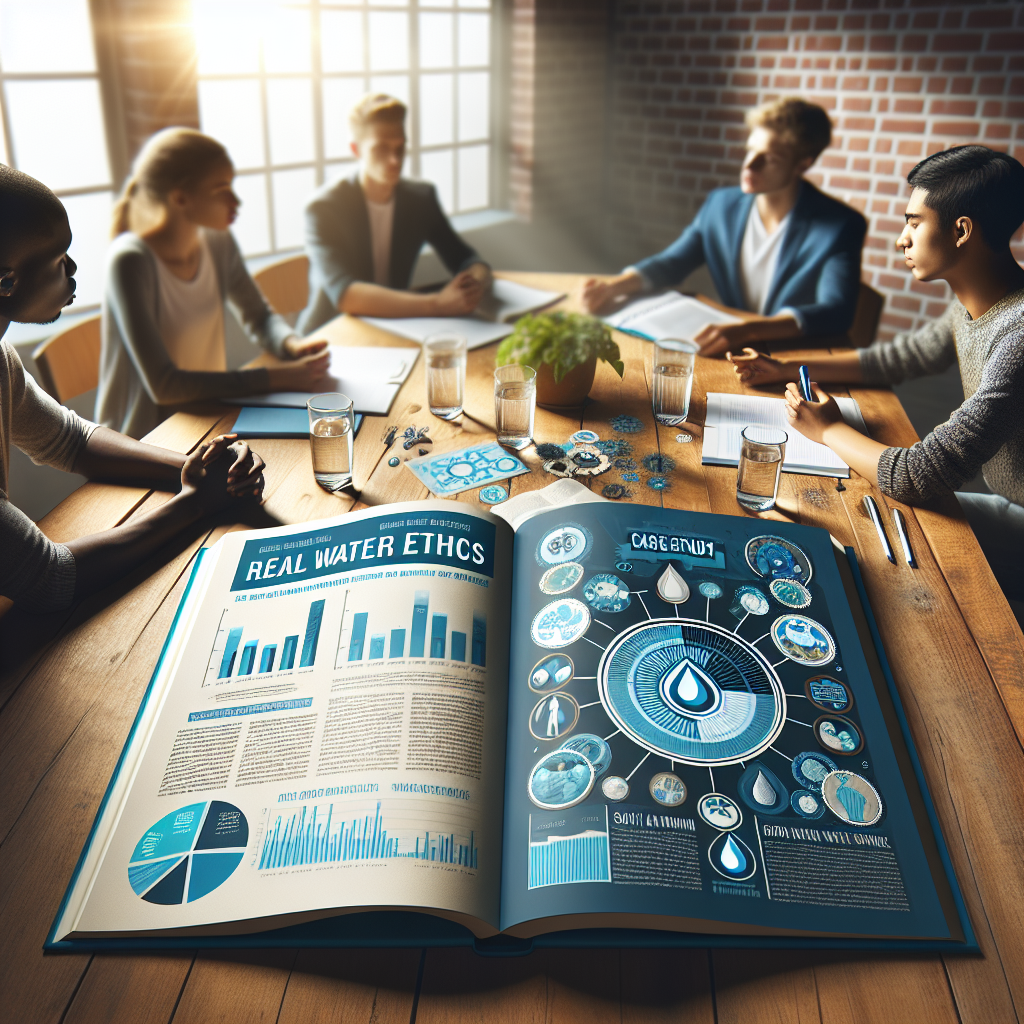 Create an image of a college environment studying the subject of Real Water Ethics. Depict an open case study book on a wooden desk, pages containing infographics and text about water conservation methods. Show a group of diverse students - a Black male, a Caucasian female, a Middle-Eastern male, and a South Asian female - engaged in intense discussion while comfortably seated around the desk. Include visible natural light streaming through windows and casting soft shadows to create a photorealistic effect.