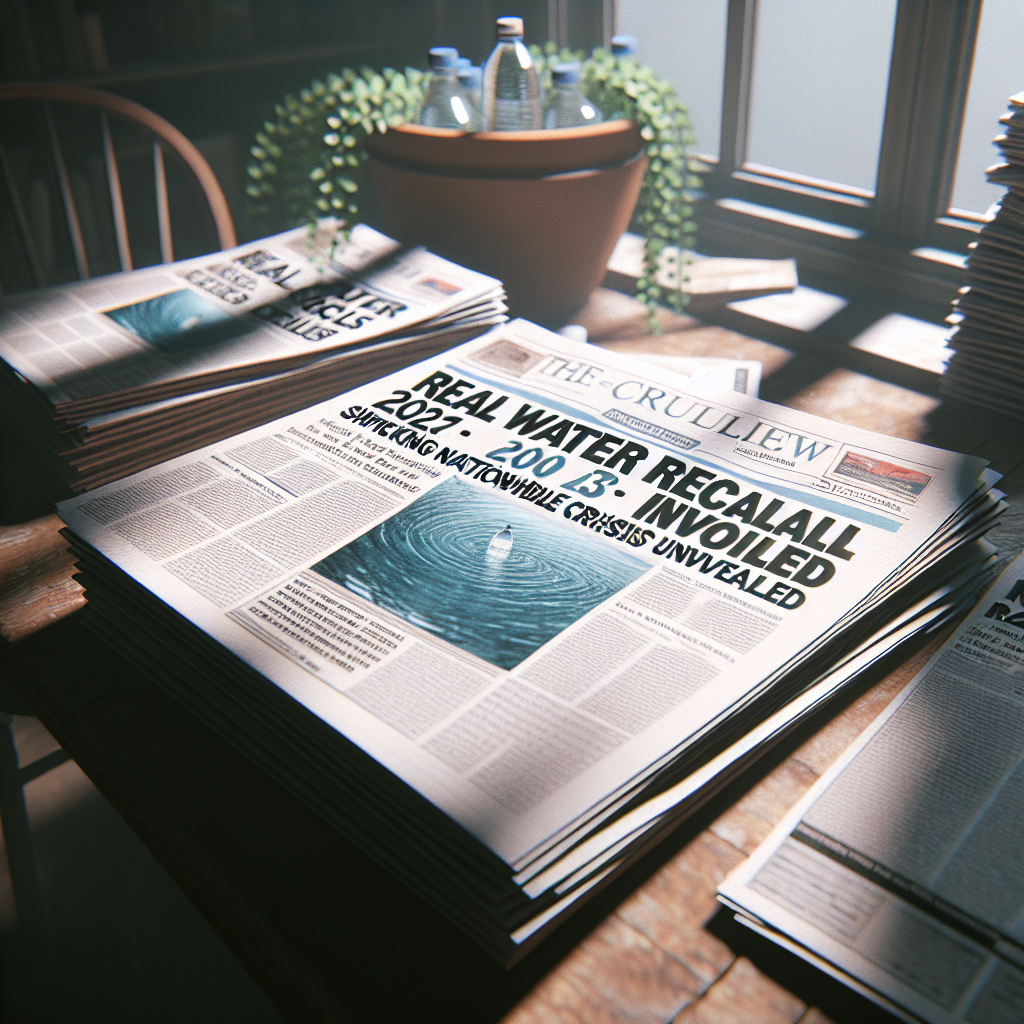 Generate a photorealistic image depicting a critical situation. Imagine newspapers scattered on a table, with their headlines about 'Real Water Recall 2021: Shocking Nationwide Crisis Unveiled'. The table is beneath a window, where natural light spills in casting soft shadows on the scene. The atmosphere is of serious concern, as if it's a major nationwide issue reaching every household.