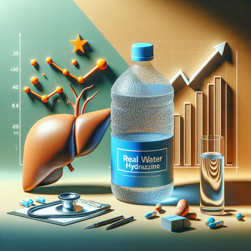 Create a photorealistic and high-quality image that portrays the concept of a 'Real Water Hydrazine' causing a shocking increase in liver failure cases. The illustration should consist of various elements symbolizing the issue. For example, portray an unmarked bottle containing a potentially dangerous liquid, a liver symbol, and a rising graph indicating the surge. The scene should have natural lighting and soft shadows for a realistic effect.