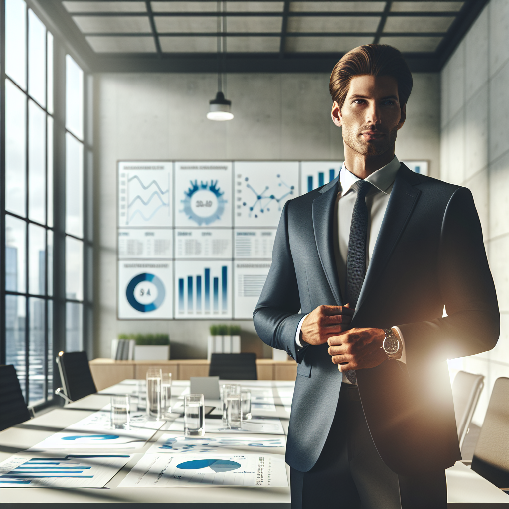 Create a photorealistic image capturing the essence of a charismatic CEO of a water company. This successful individual stands in a modern office, natural light pouring through large windows causing soft shadows to accentuate the room's architecture. He is visually engaged in strategic decision-making, surrounded by charts of hydration data and water quality reports. Note, please don't focus on personal details of the individual, just a general CEO type persona.