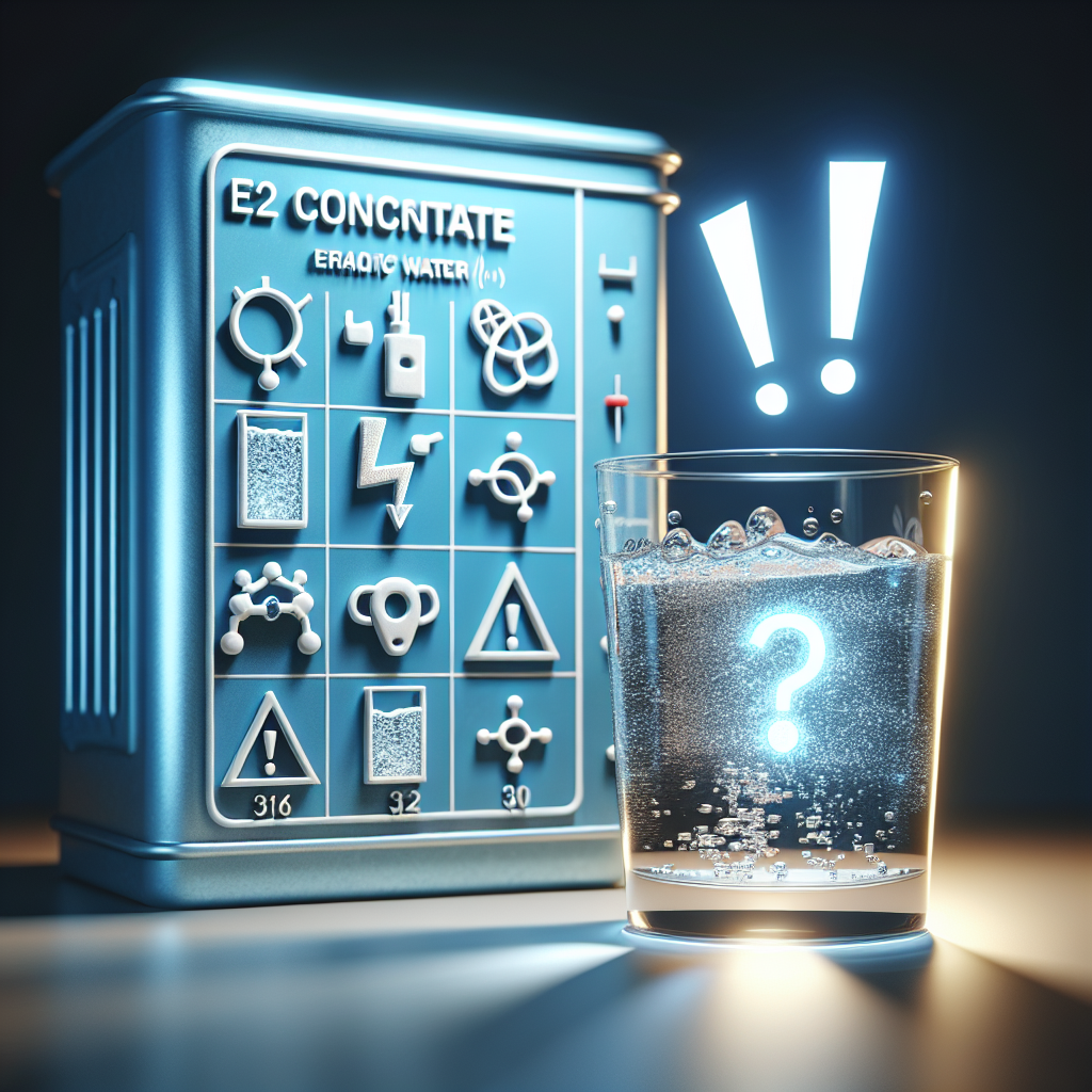 Generate a well-illuminated image with soft shadows illustrating the concept of electrolysis risks associated with 'E2 Concentrate Real Water'. The image should include depictions of water in a glass, and symbols or visual elements that hint at electrolysis and potential hazards. An element of shock or surprise should be evident in the arrangement of the scene to reflect the 'shocking' part of the description. However, ensure that the image maintains a level of realism and does not exaggerate the risks.