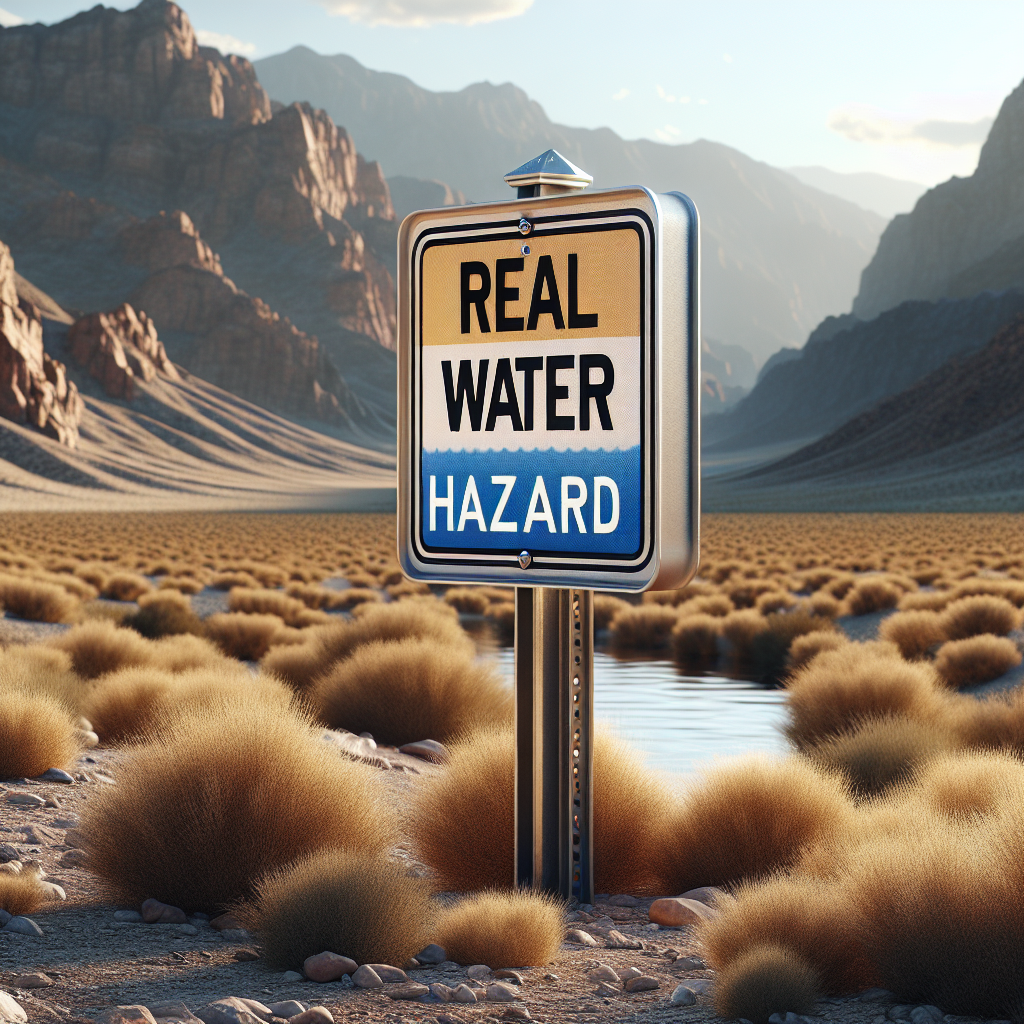 A photorealistic image depicting a Southern Nevada landscape. The scene is bathed in natural lighting, casting soft shadows around. In the foreground, a clear, professionally designed sign stands out, alerting 'Real Water Hazard'. The sign's color contrasts with the surroundings, making it immediately noticeable. The backdrop includes a sight of arid desert, with sparse vegetation, characteristic of Southern Nevada. Despite the magnificent landscape, the alert sign marks an incongruity in the serene, arid setting.
