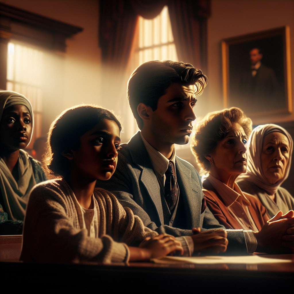 Illustrate a visually gripping scene of a family, ethnically diverse with a mix of South-Asian and Hispanic descent, in a beautifully lit courtroom. They are engaged in a serious legal battle, portraying a sense of determination and pursuit for justice. The emotions run high with a combination of tension, hope, and resilience. Soft shadows cast across their faces, highlighting their expressions. The room has an atmosphere of solemnity, with decor that sets the stage for this significant fight for justice.