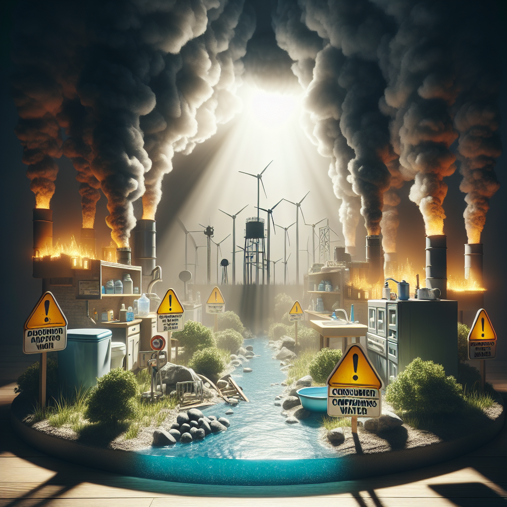Create a realistic photo-like image focusing on a scene that seems to be the subject of consumer complaints about water. The primary focus should be on various ominous warning signs regarding water usage or quality that appear striking yet dismissed or ignored. The scene should be infused with natural lighting, casting soft shadows to highlight the distressing atmosphere of the situation.