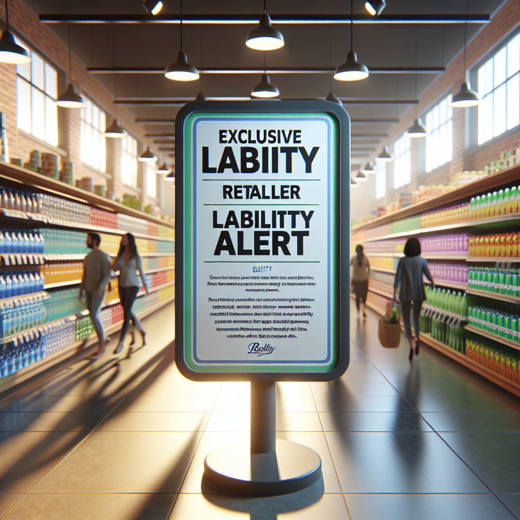 Visualize a realistic scene using natural lighting and fluffed shadows where a liability alert sign is placed prominently in a grocery store. The sign is related to a product known as 'Real Water' which is exclusively sold in this particular store. The ambiance should be calm and the sign should be professional and headlined with 'Exclusive Retailer Liability Alert'. Surroundings should include colorful aisles of a high-quality, well-arranged grocery store with customers of various gender and descent, possibly reading the alert.