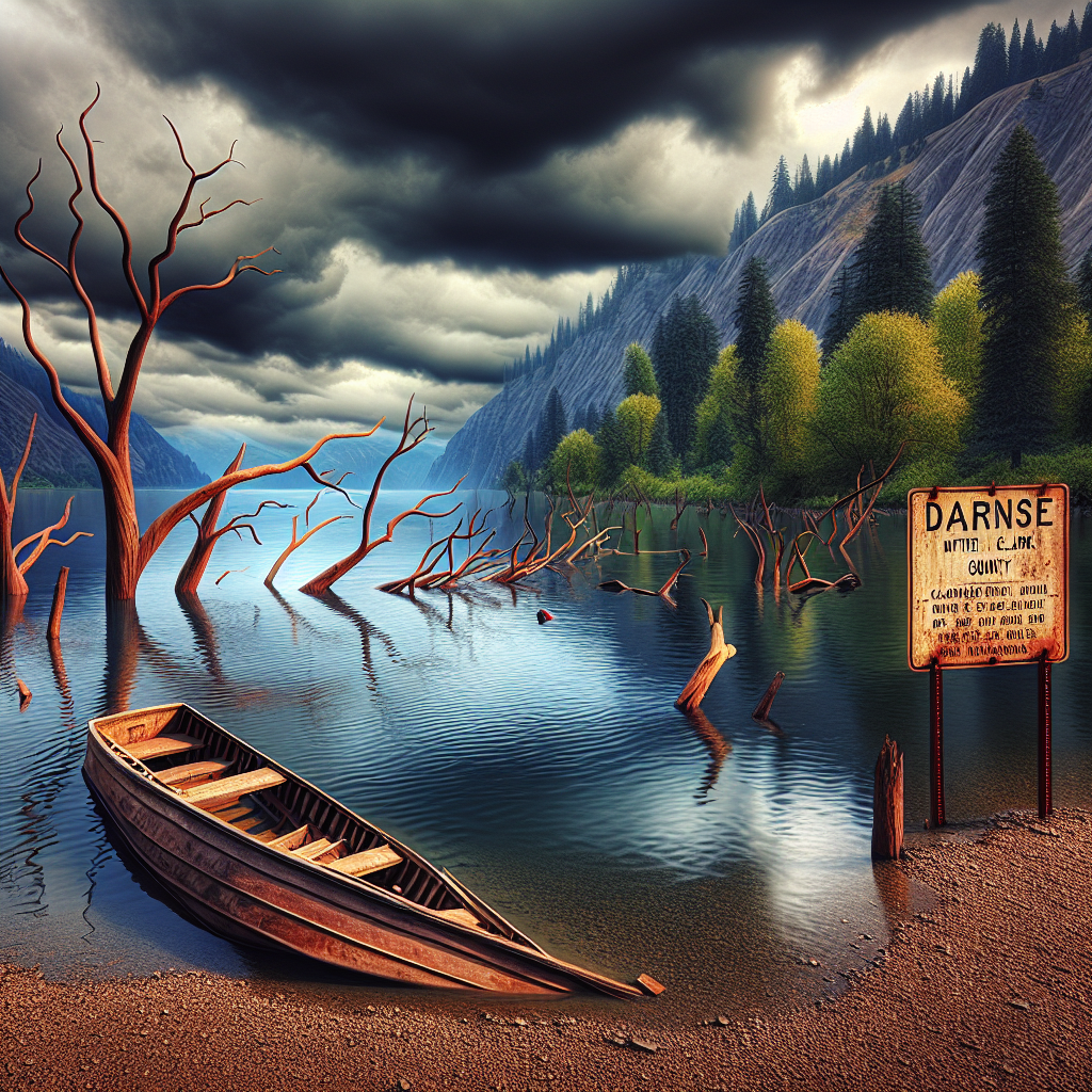 A scene depicting a natural water tragedy in Clark County, featuring strong realism with the use of natural lighting and soft shadows. The stunning picture represents an empty river scene with a submerged wooden boat flipped upside down. In the background, dark clouds gather, casting a solemn mood over the scenery. An old, rusted sign nearby tells a story of warning, displaying the message - 'Beware of Rapid Currents.' Darkened trees loom on the edges of the river, their skeletal branches reaching out, furthering the eerie atmosphere of this vibrant, tragic tableau.