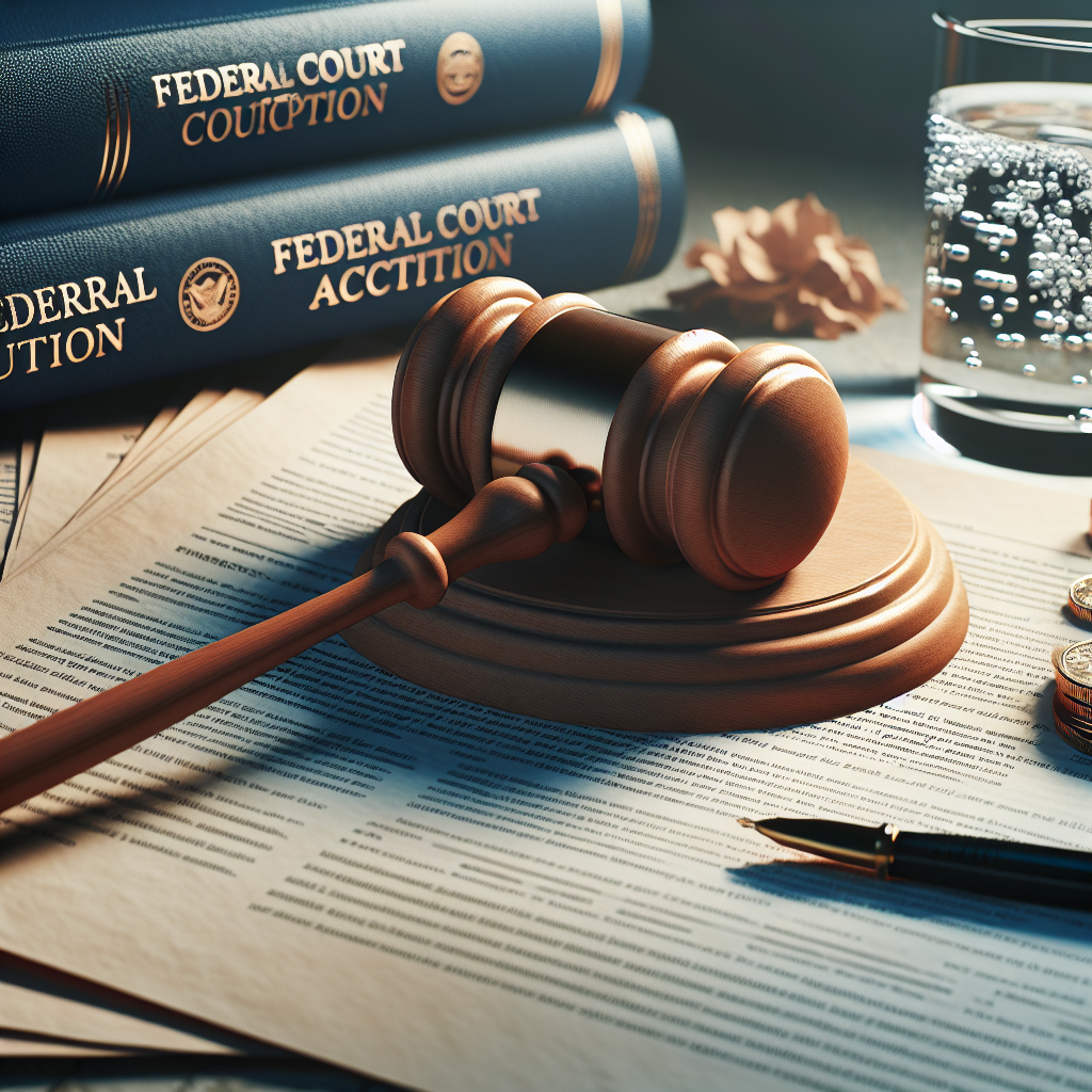 A high-quality, photorealistic image representing the concept of a high-profile legal action in the federal court system, symbolized by a traditional gavel resting on a set of official looking documents related to water regulations. The scene is beautifully lit with natural lighting, emphasizing the detail and texture of the gavel and papers, and casting soft shadows across the scene.