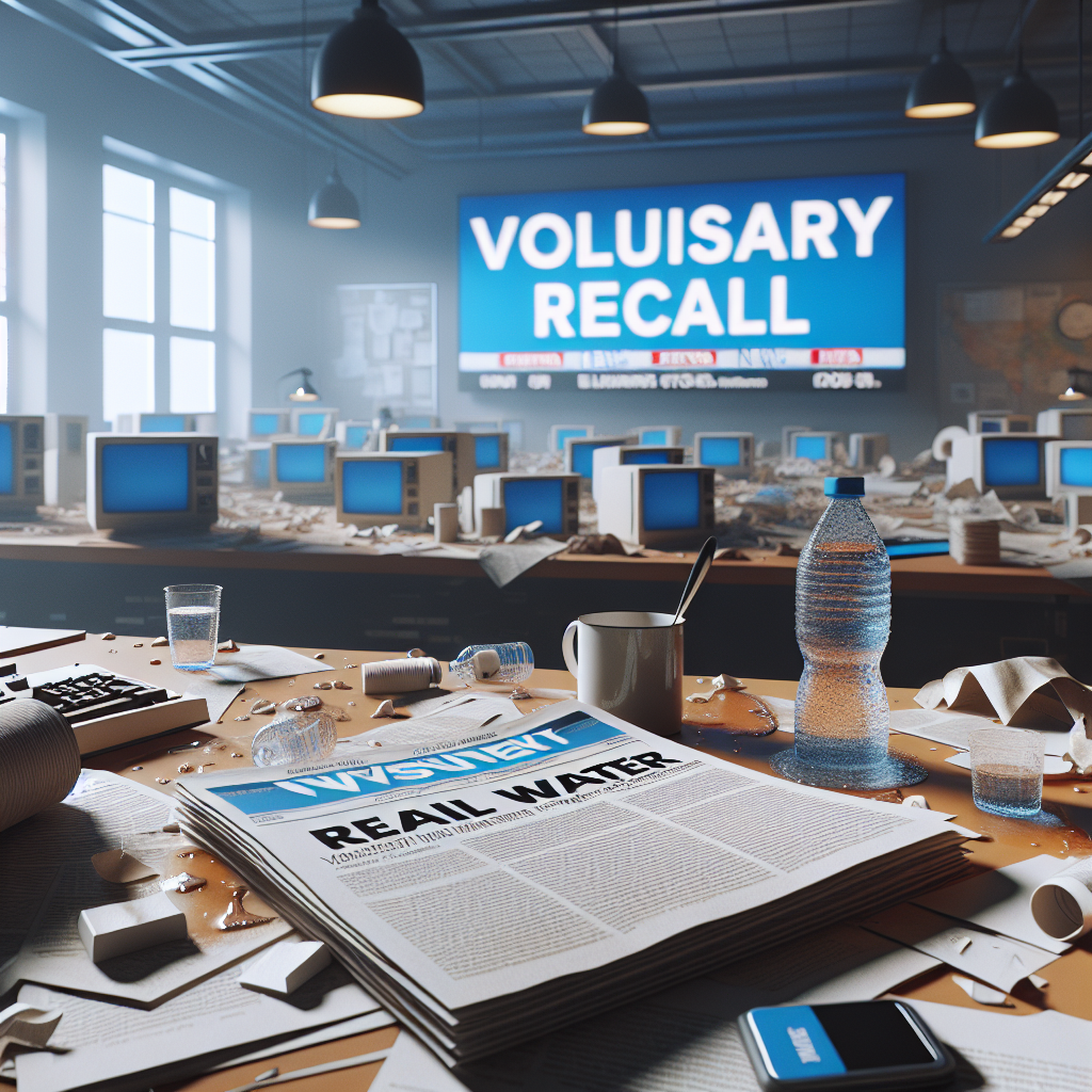 A photorealistic scene which depicts the shocking details about a voluntary recall of real water. The sense of turmoil and confusion should be conveyed through the imagery on the mantle of a breaking news scene. The setting should be a newsroom, with a variety of electronic devices, crumbled pieces of paper and hastily discarded coffee cups providing stark contrast against the natural lighting and soft shadows that fill the room.