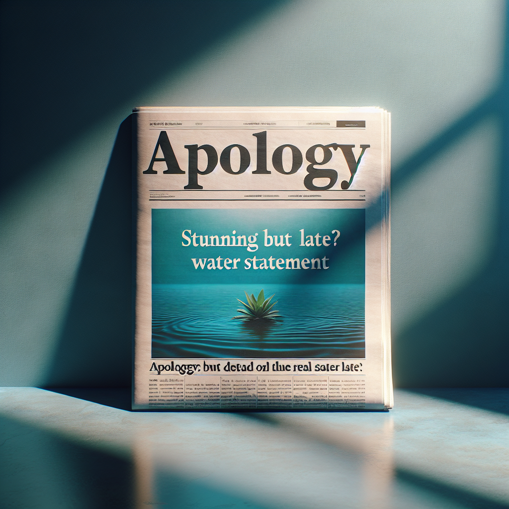 Generate a photorealistic image showcasing the headline: 'Apology: Stunning but Too Late? Real Water Statement'. Imagine this text written on a newspaper, sitting in an ambient room lit by soft natural lighting creating gentle shadows around.