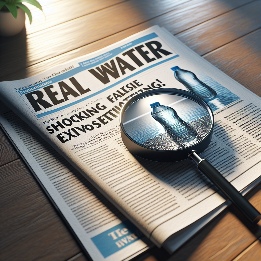 A photorealistic image capturing an investigative scenario involving false advertising claims about the health benefits of water. The image contains a magnifying glass focusing on a newspaper article with the headline, 'Real Water Health Claims: Shocking False Advertising Exposed!'. The newspaper is placed on a wooden table. Light is naturally streaming into the room, casting soft shadows around.