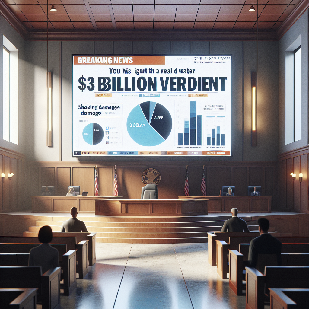 A photorealistic image illustrating the concept of a 'Real Water $3 Billion Verdict'. The image displays a scene in a courtroom with natural lighting and soft shadows. The focal point of the image is a large billboard presenting breaking news about the verdict, along with bar graphs and pie charts offering shocking damage insights. The billboard is visually impactful, grabbing the attention of characters in the scene. Maintain neutrality in every other aspect, producing the image with a realistic look and precise details.