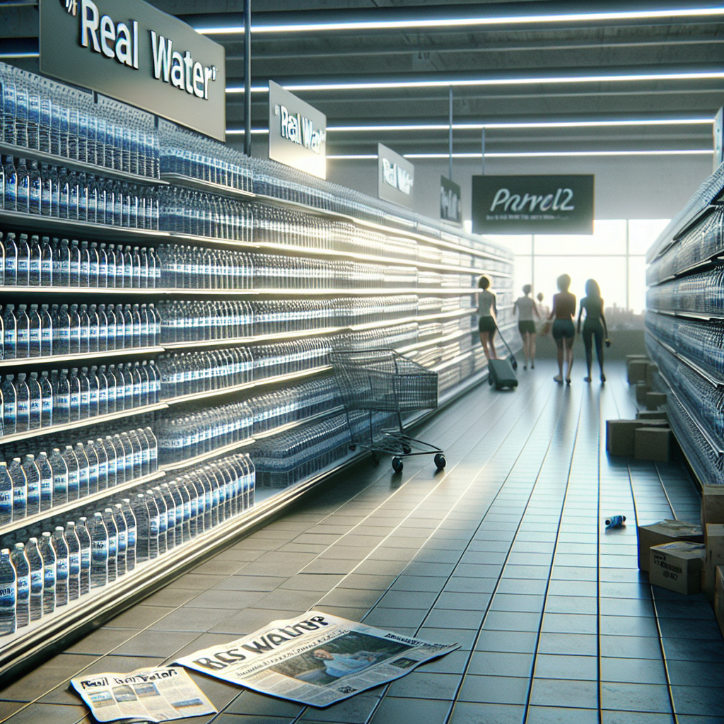 A hyper-realistic image showing a scene of a supermarket setting displaying shelves crammed with bottles of water. The label on the bottles reads 'Real Water'. Despite a recent recall event, shown by a newspaper headline lying on a nearby table, the shelves are noticeably empty suggesting high sales. The scene is illuminated by natural, morning light streaming in from the supermarket windows, resulting in soft shadows on the objects. The general ambience is calm yet busy, with a few shoppers, each of diverse ethnicity and gender, looking at the 'Real Water' bottles with intrigued expressions.