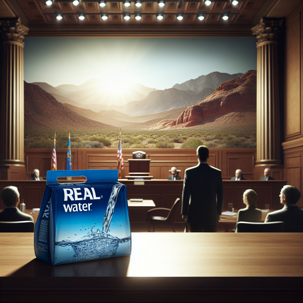 Create a detailed and photorealistic image that depicts a legal battle unfolding under the glow of natural lighting and the presence of soft shadows. In this scene, a background scenery of Nevada's vast desert may be featured, with a packet of Real Water product placed prominently on a wooden table. The scene should carry an atmospheric pressure of a courtroom, with balanced colors and a dramatic interplay of light and shadow.