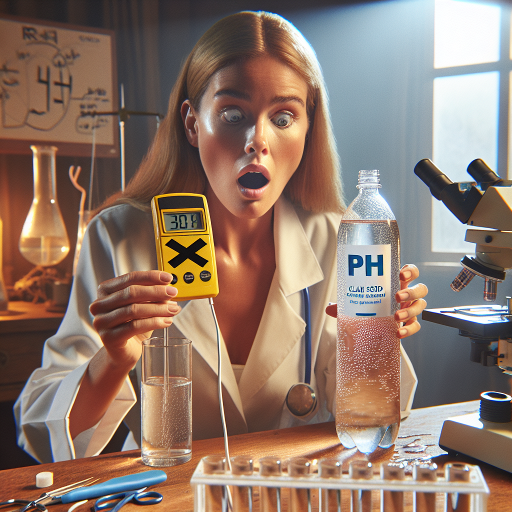 Create a lifelike image using natural lighting and gentle shadows which represents the theme 'Real Water - pH Claim Exposed: Shocking Truth Revealed'. The setting should be a scientist's laboratory. The scene should include a Caucasian female scientist testing the pH of a water sample. In her hand, she holds a pH meter that displays an unexpected reading. All around her, there should be scientific equipment for other tests. On the wooden table, there's a bottle with a large myth-busting X symbol label over the 'Real Water' logo. The expression on the scientist's face signifies shock and revelation.