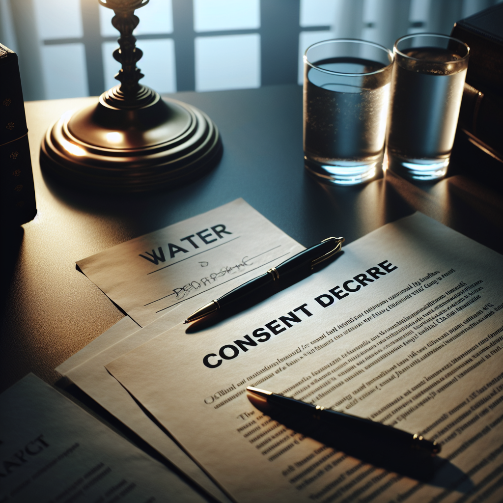 An image depicting an event marked as particularly urgent and shocking related to water destruction. There are official legal papers scattered across a table known as a 'consent decree', signifying the severity of this event. The light in the image is natural, casting soft shadows across the scene. The atmosphere is tense and dramatic, mirroring the seriousness of water destruction issues.