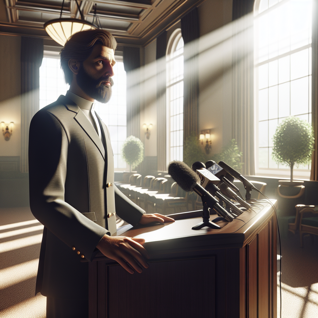 Create a photorealistic image of an unidentified but eloquent man, who is a member of a non-specified religious group, standing in a sunlight-filled room. He is holding a press conference about a controversial topic related to water purity. The room should depict a serious atmosphere, with tastefully designed interiors. Natural lighting and soft shadows should be a key feature of the image, contributing to an air of drama and intensity.