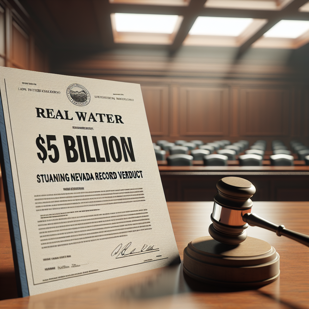 Create a high-quality, photorealistic image with natural lighting and soft shadows. The image depicts a court document titled 'Real Water $5 Billion: Stunning Nevada Record Verdict' on a wooden table, foregrounded by a gavel. The courtroom is in the background, devoid of people, implying the verdict just been announced.