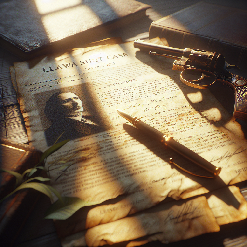 Generate a photorealistic image depicting a believable, fictional scenario related to a lawsuit case in 2025. The case is marked by shocking revelations about a person's death. The image should convey somber tones, featuring an old, weather-beaten legal document splayed out on a wooden desk, softly illuminated by natural sunlight streaming in through a partially shaded window casting soft shadows around.