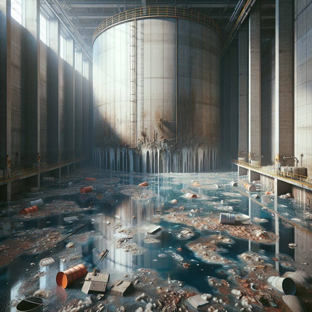 Create a photorealistic image which represents a significant sanitation failure in the context of a water storage tank. Focus on a depiction where the tank, visibly filled with water, reveal signs of contamination such as murky water, unusual hues, floating debris, and potentially even unhealthy aquatic life. The elements in the scene should be lit with natural light, creating soft shadows that add to the overall implication of the catastrophe. Also, allow some space for viewers to acknowledge the shocking aspect of the situation, perhaps through the notable contrast between the expected purity of the stored water and its actual state.