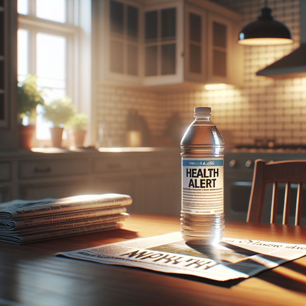 Generate a high-quality, photorealistic image showcasing a water bottle label with the words 'Health Alert' prominently displayed. The image should also include a setting that conveys an atmosphere of concern, such as a brightly lit kitchen table with newspaper articles scattered around showcasing headlines related to water safety. Natural light should be softly illuminating the scene, casting gentle shadows for a more dramatic effect.