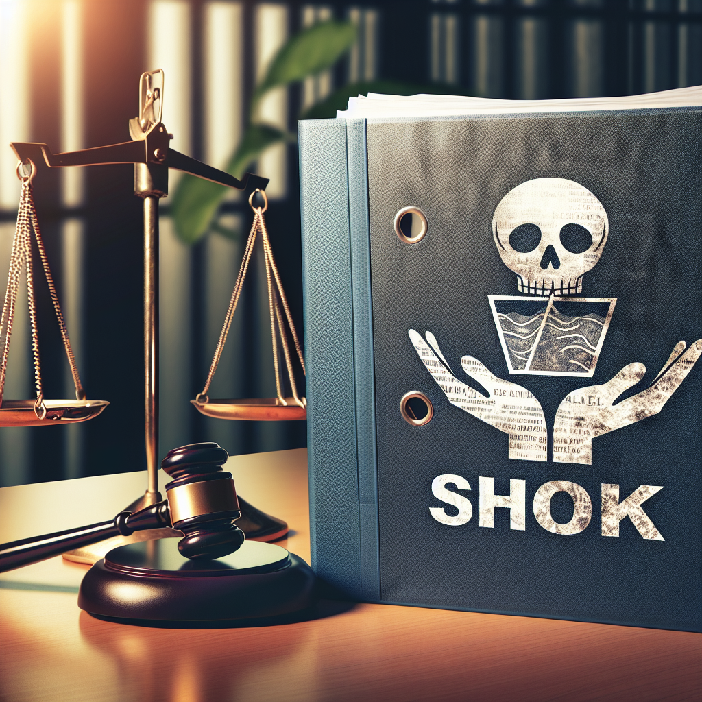 Create a photorealistic picture showing a file labelled 'Real Water Food Safety Plan' on a table under natural lighting with a dramatic overlay of faint graphic representing a shock symbol. Incorporate elements symbolising law and justice like a court gavel or a balance scale subtly in the background to represent the DOJ allegations.