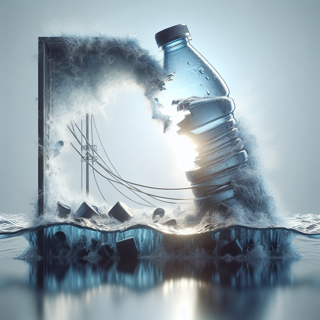 Generate a high-quality, photorealistic image using natural lighting and soft shadows, which visualizes a conceptual representation of 'Real Water Shocking Tragedy'. To do so, visualize a damaged water bottle with water spilling out of it or a broken dam causing a flood, emphasizing the gravity of the situation.