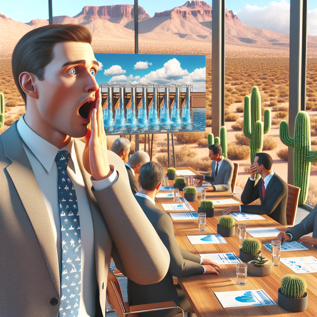 Generate a high-quality, photorealistic image with natural lighting and soft shadows, showing a generic male politician from a desert state, associating with a major water conservation project that is met with shock and surprise. The scene should contain elements that often represent the state, like desert landscapes, cactuses, and perhaps a meeting taking place in a modern, environmentally-conscious building.