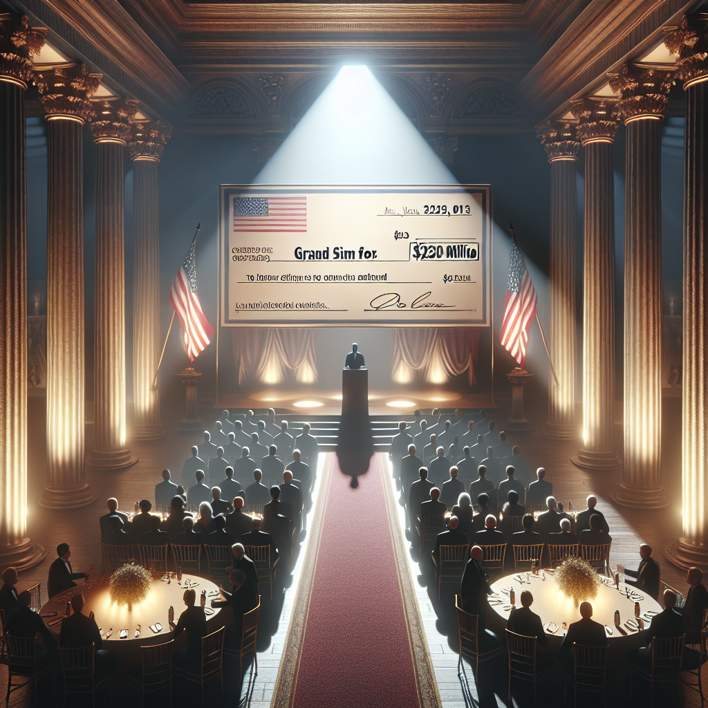 Create a photorealistic image that vividly expresses the concept of a grand sum, such as $230 Million, being awarded. Portray this event as happening in a formal setting where the lighting is natural and adds depth and intrigue to the scene through soft shadows. Please include symbolism traditionally associated with wealth and grandeur, such as a big ceremonial check, an elegant stage, or impactful, eye-catching graphics.