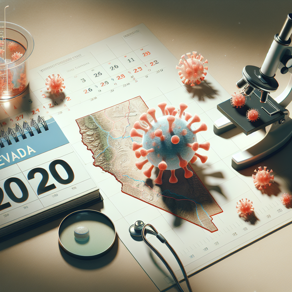 Create a high-quality, photorealistic image that symbolizes the concept of a virus outbreak in 2020, specifically in a geographic location like Nevada. Display this through the use of subtle elements such as a map of Nevada, a medical microscope, stylized virus particles and a calendar with a marked year on it, all under natural lighting and soft shadows.