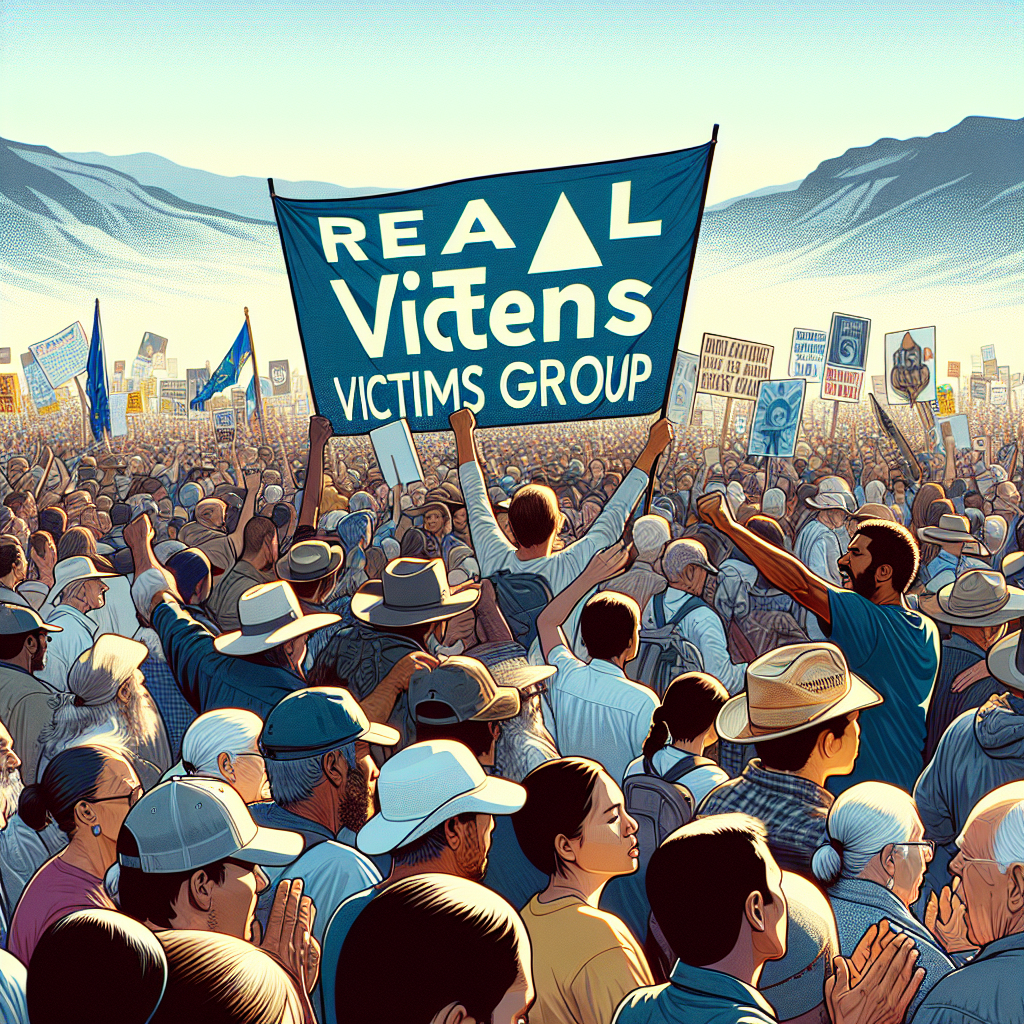 A dynamic illustration of a powerful rally taking place in the heart of Nevada. In the central focus, a prominent banner reads 'Real Water Victims Group'. The crowd is a mix of men and women of varied descents such as Caucasian, Middle-Eastern, Hispanic, Black, South Asian, and White. Everybody is actively participating, voicing their support, and holding signs. The natural lighting is soothing, casting soft shadows on the surroundings, complementing the stark, yet inspiring image of unity and resilience.