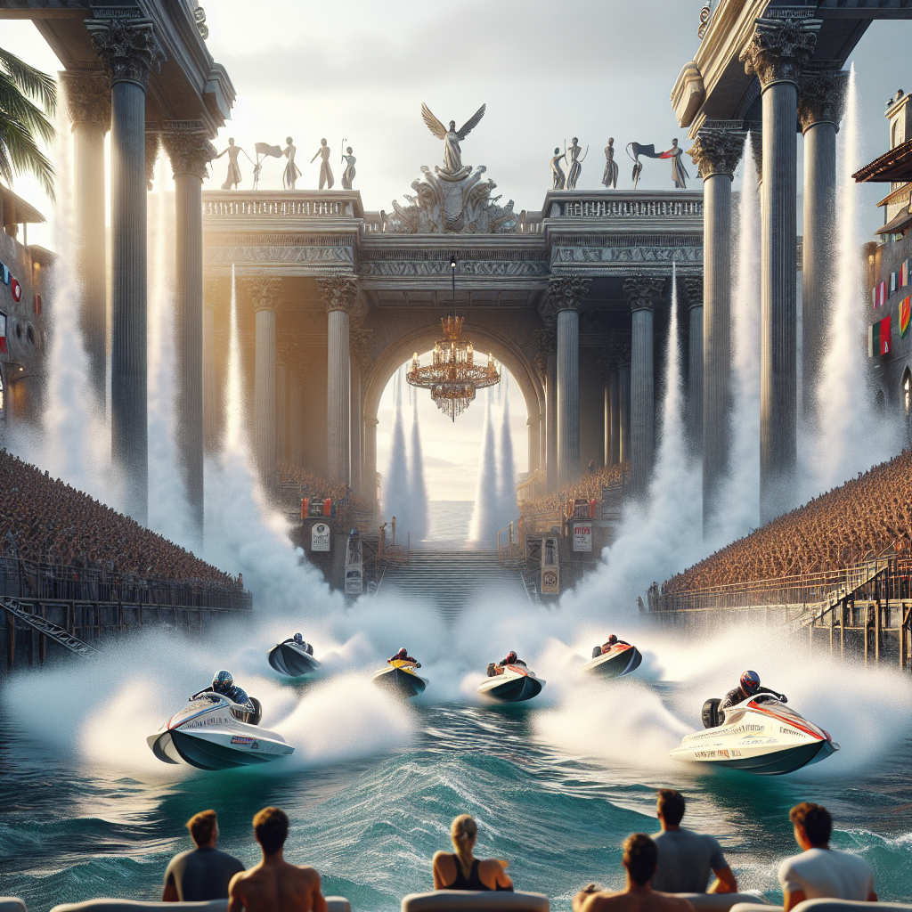 Create a high-quality, photorealistic image using natural lighting and soft shadows that takes place in February 2025. Picture a grand stage set by the sea, where contestants face off on speedboats in a fierce water sports trial. The athletes are of diverse descent, race, and gender, each bringing skill and determination that make the event thrilling and unpredictable. The roaring waves made by speeding boats add to the suspense, while the audience, sitting on a nearby shoreline, watches with bated breath as this battle for supremacy unfolds.