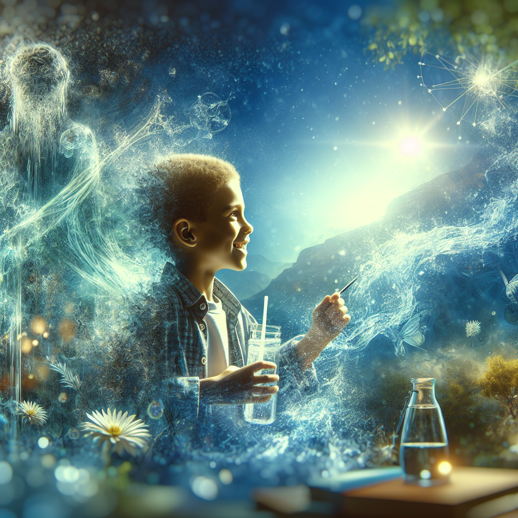 Generate a high-quality, photorealistic image capturing a stunning journey of a child's recovery. The scene should illuminate the power of resilience and hope, with symbols such as clear, refreshing water present throughout. Emphasize the effects of natural lighting and soft shadows to bring depth and realism to the image. The child in the image should project a sense of strength and happiness, indicative of a successful recovery.