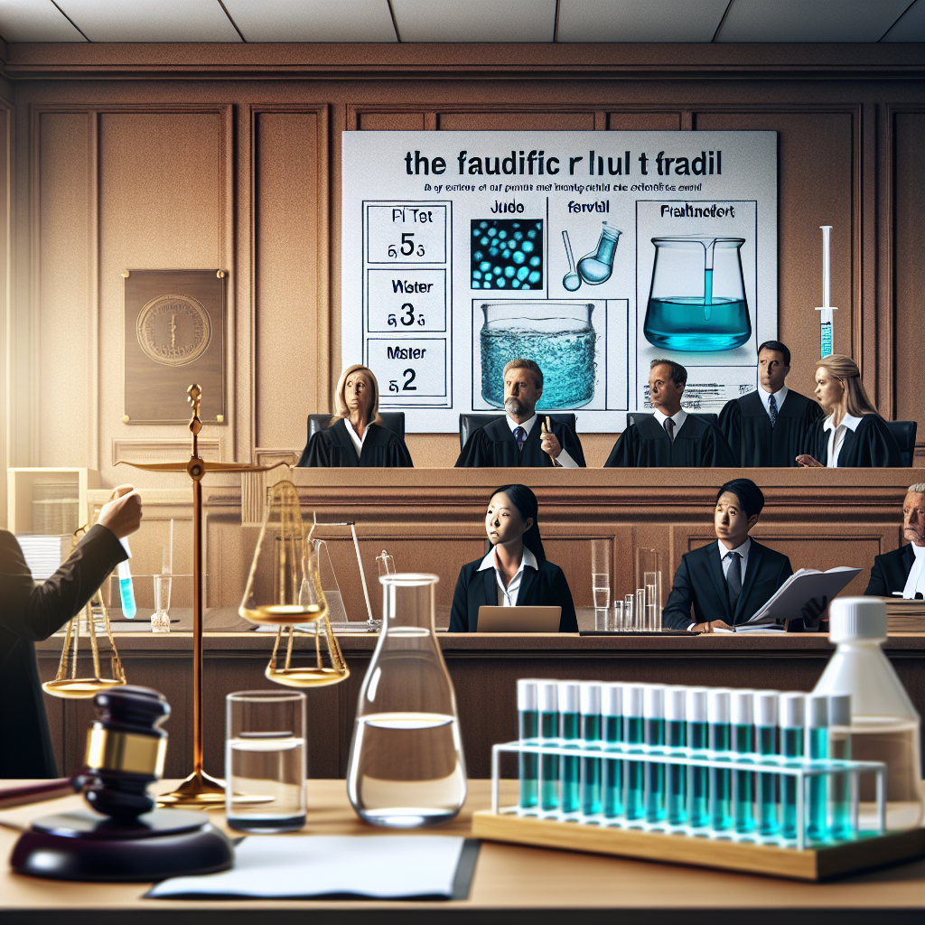 Create an image representing a courtroom with heavy emphasis on the drama of a high-stakes scientific fraud trial. The key issue at trial is the fraudulent pH testing of water. The image should depict various elements, including a set of pH test strips, a water sample, a false scientific report, a judge (Asian female), a plaintiff lawyer (Black male), and a defending lawyer (White male). Include additional details such as a gavel, legal documents, and trial exhibits to create a rich sense of the judicial ambiance. Use natural lighting and soft shadows to enhance the scene.
