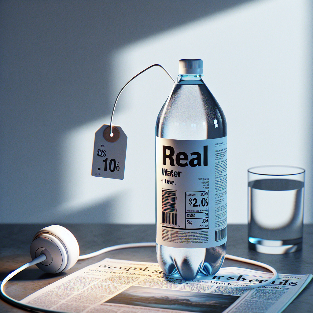 A hyper-realistic image featuring a setting with natural lighting and soft shadows. Within the scene, there's a 1 liter bottle of water. On the bottle, a label reads: 'Real Water - 1 Liter'. There's a pricetag dangling off the water bottle which reveals a surprisingly high cost. Beside the water, there's a newspaper headline emphasizing the shocking truth about the hiked prices of water.