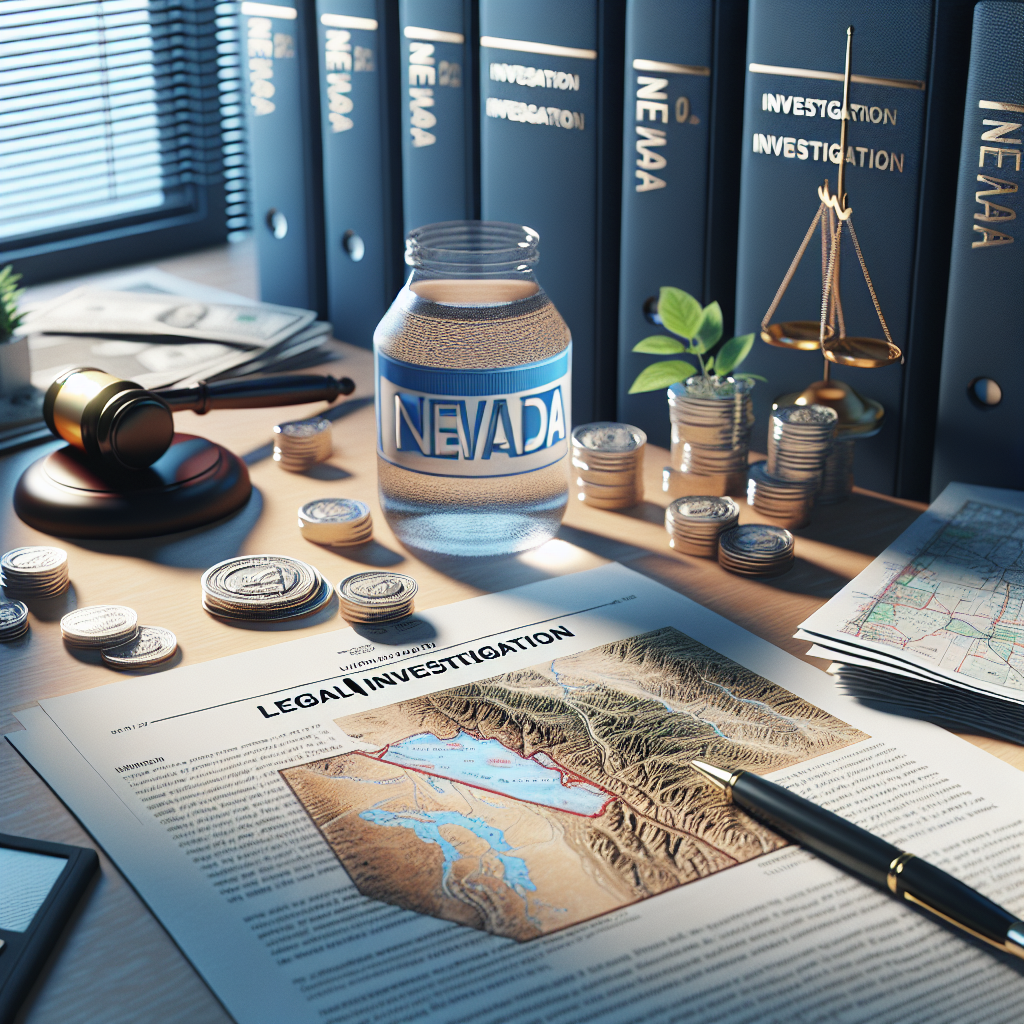 A photorealistic portrayal of a legal investigation in Nevada, tackling issues related to water scarcity. Display the scene with an emphasis on natural lighting and soft shadows. Include details such as investigation paperwork, a local map and water supplies in the investigation room.