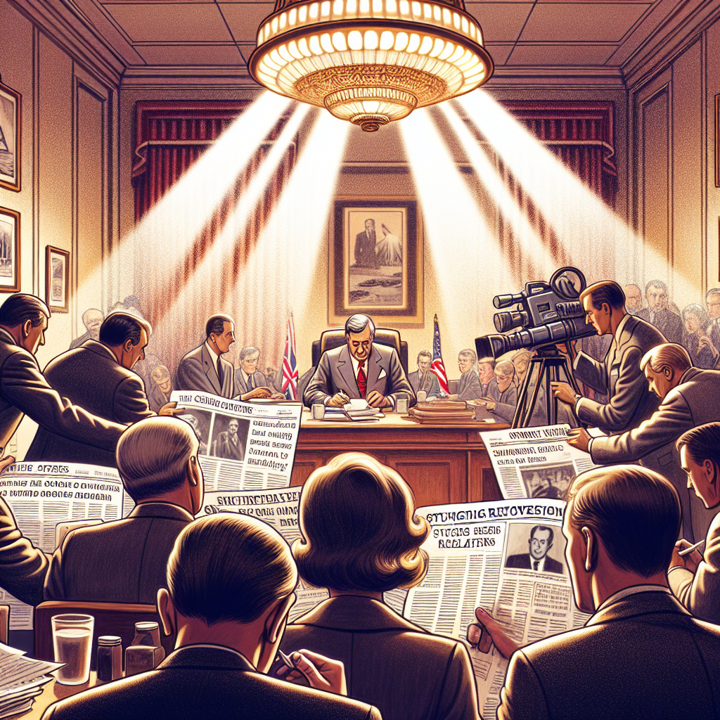 Produce an image in an illustrative style, capturing a dramatic scene indicative of a scandal originating in 1998. The scenario should feel like it's taken from a high-stakes newspaper report with elements such as hushed discussions, secret documents, and clandestine meetings, all presented under natural lighting and creating soft shadows. Ensure the image maintains an aura of stunning revelations as would be apt for an investigative story.