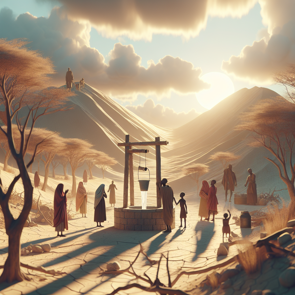 Generate a high-quality, photorealistic image illustrating the concept of a fundraising campaign for a cause related to providing clean water. The image should depict soft shadows and be lit with natural lighting. Include visuals of real-life struggles due to lack of water, such as a dry landscape, an empty well, and people of various descents and genders looking hopeful. Please highlight the emotional aspect of these scenarios to evoke a sense of empathy.