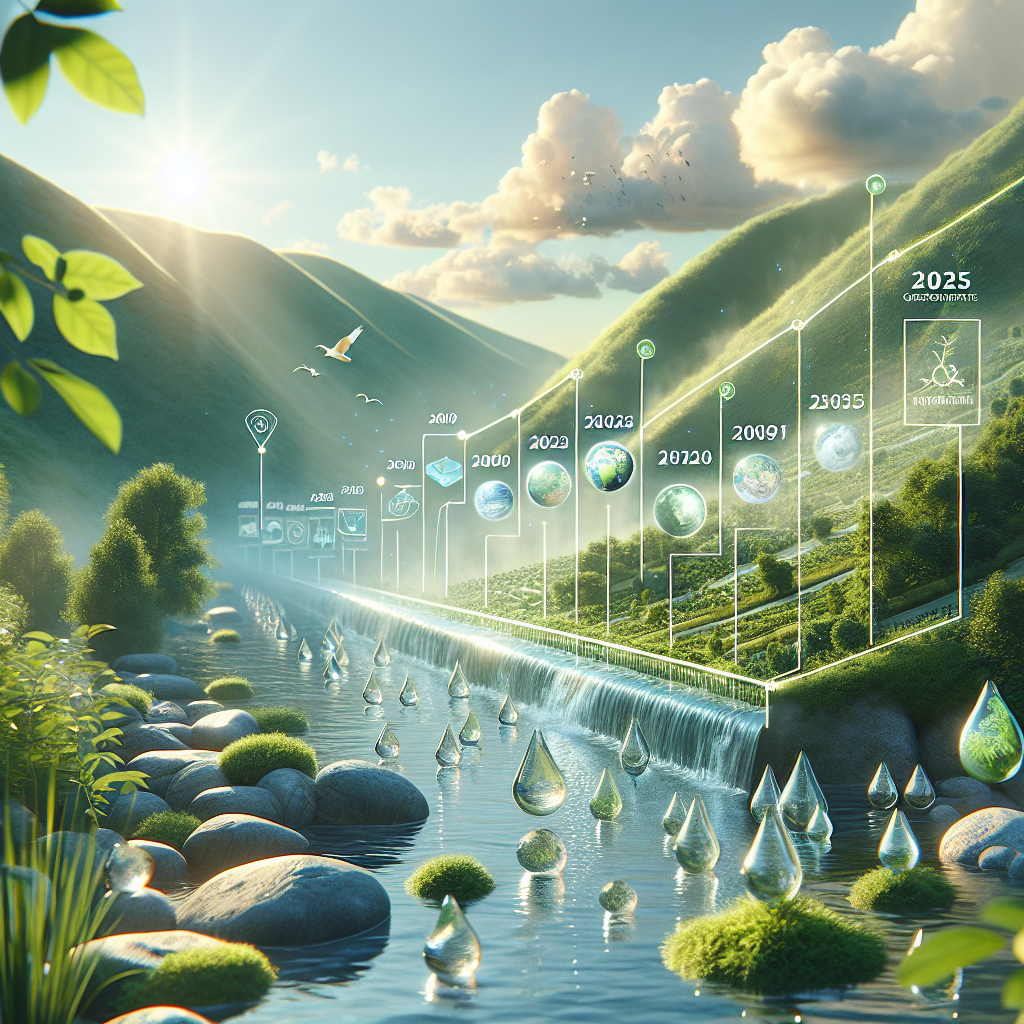 Create a photorealistic image that visualizes the progress of water conservation efforts from the years 2020 to 2025. Feature a timeline marked with significant milestones or breakthroughs in water management techniques. Try to incorporate elements that signify environmental balance and sustainability, such as droplets of water, green plants, and clear skies. The image should be bathed in natural lighting and adorned with soft shadows to emphasize the realistic feel.