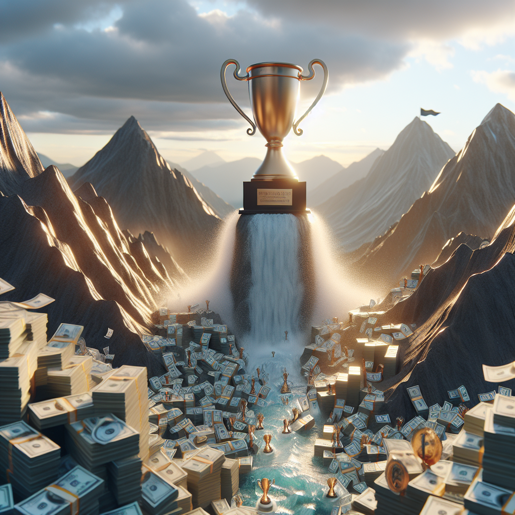 Create a photorealistic image that portrays a metaphorical representation of a significantly large financial victory for a company called Real Water. The scene should have natural lighting and soft shadows. The setting should communicate triumph, perhaps depicting a mountain peak or a trophy. Use symbolic elements such as a waterfall or a stream to reference the company's name. Please note that no real people or actual events are associated with this request, it is purely hypothetical.