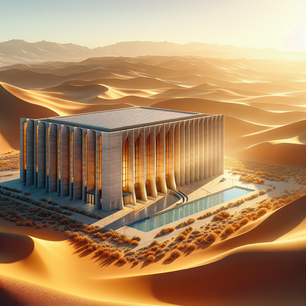 A state-of-the-art water treatment facility situated in Henderson, Nevada. The architectural marvel exudes an aura of modern elegance with its clean lines and sophisticated design. It is magnificently positioned amidst a vivid sunlit desert landscape, rendering an exquisite shadow play thanks to shifting sand dunes. This image should display a realistic portrayal of the facility, with clear emphasis on natural lighting and soft shadows, thereby accentuating the stunning facets of both the facilty and its surroundings.